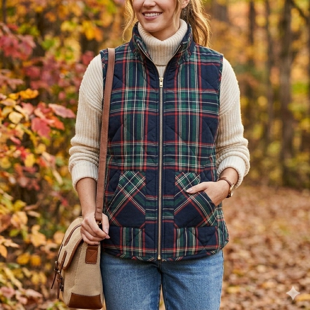 Mud Pie Womens Large Quilted Puffer Vest Navy Green Red Tartan Plaid Full Zip